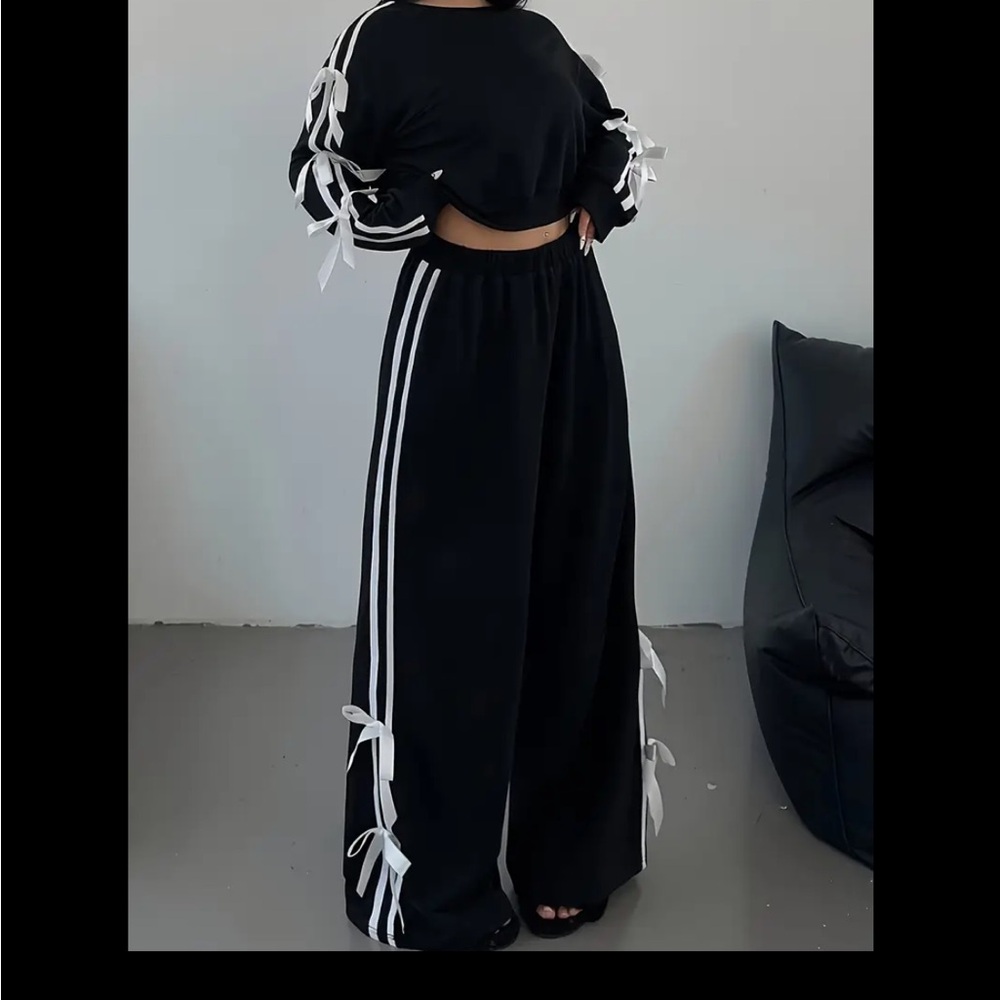 Amazon Black Joggers with White Stripes and Bow Accents